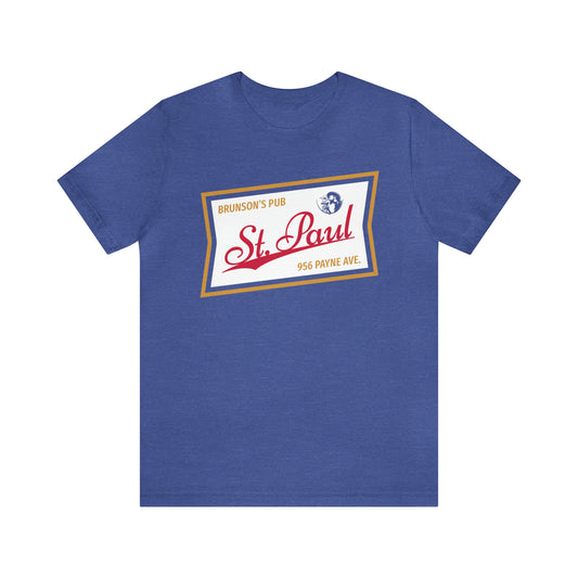 Brunson_s Pub Logo Beer Colors royal blue shirt, gold, white and red
